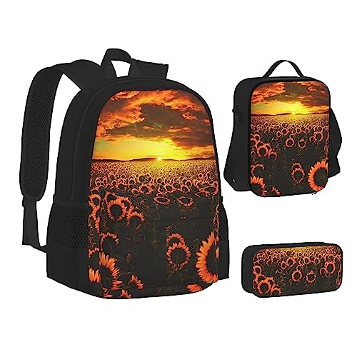 JCAKES Kinder Schultasche Rucksack Sonnenblume Feld Sonnenuntergang Blumen Meer Reise Tagesrucksack Lunchtasche Federmäppchen 3 in 1 Rucksäcke Sets Schwarz, Schwarz , Einheitsgröße, Kinderrucksack von JCAKES