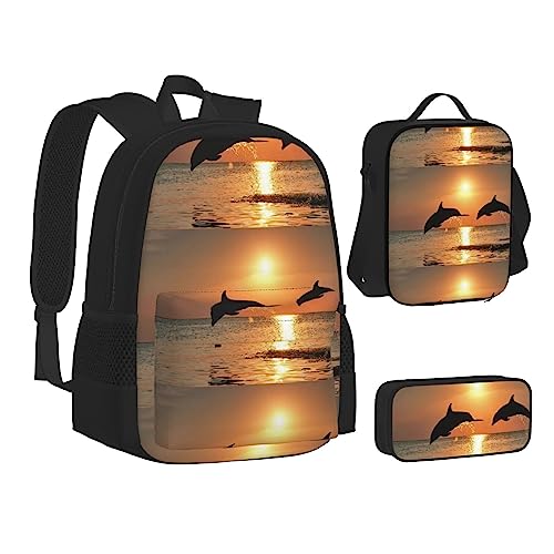 JCAKES Kinder Schultasche Rucksack Sonnenuntergang Delphin Reise Tagesrucksack Lunchtasche Federmäppchen 3 in 1 Rucksäcke Sets Schwarz, Schwarz , Einheitsgröße, Kinderrucksack von JCAKES