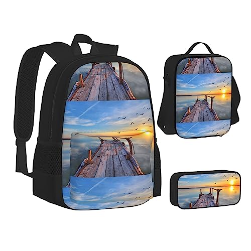 JCAKES Kinder Schultasche Rucksack Sonnenuntergang Landschaft Reise Tagesrucksack Lunchtasche Federmäppchen 3 in 1 Rucksäcke Sets Schwarz, Schwarz , Einheitsgröße, Kinderrucksack von JCAKES