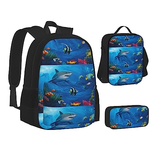 JCAKES Kinder Schultasche Rucksack Unterwasserwelt Reise Tagesrucksack Lunchtasche Federmäppchen 3 in 1 Rucksäcke Sets Schwarz, Schwarz , Einheitsgröße, Kinderrucksack von JCAKES