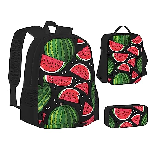 JCAKES Kinder Schultasche Rucksack Wassermelone Reise Tagesrucksack Lunchtasche Federmäppchen 3 in 1 Rucksäcke Sets Schwarz, Schwarz , Einheitsgröße, Kinderrucksack von JCAKES