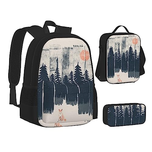 JCAKES Kinder Schultasche Rucksack Wilderness Fox Art Reise Tagesrucksack Lunchtasche Federmäppchen 3 in 1 Rucksäcke Sets Schwarz, Schwarz , Einheitsgröße, Kinderrucksack von JCAKES