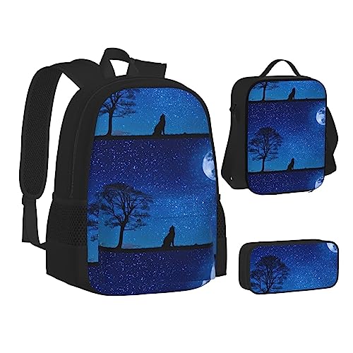 JCAKES Kinder Schultasche Rucksack Wolf in the Moonlight Reise Tagesrucksack Lunchtasche Federmäppchen 3 in 1 Rucksäcke Sets Schwarz, Schwarz , Einheitsgröße, Kinderrucksack von JCAKES