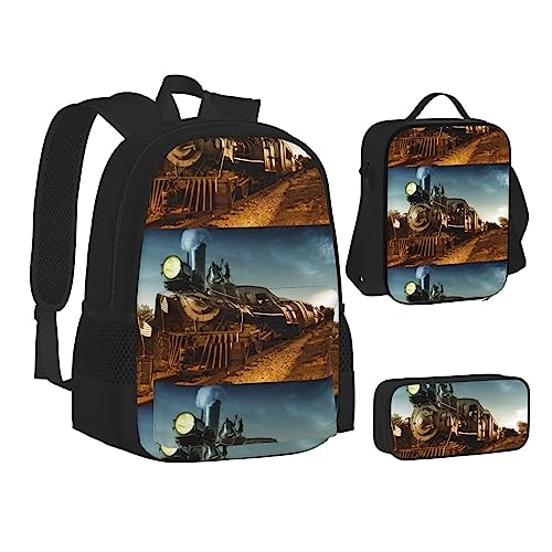 JCAKES Kinder Schultasche Rucksack Zug und Eisenbahn Reisen Tagesrucksack Lunchtasche Federmäppchen 3 in 1 Rucksäcke Sets Schwarz, Schwarz , Einheitsgröße, Kinderrucksack von JCAKES