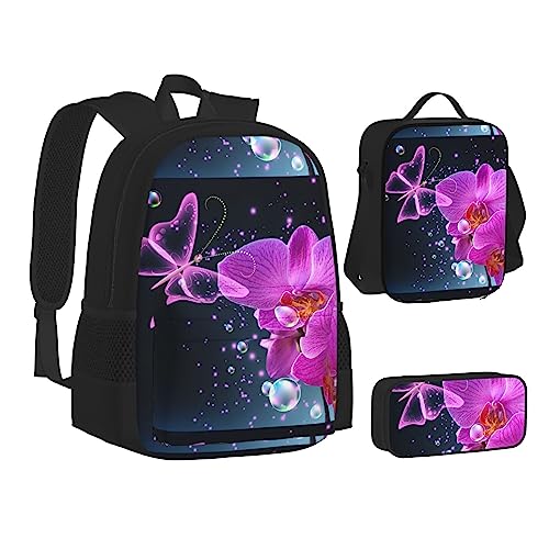 JCAKES Kinder Schultasche Rucksack lila Schmetterling und Blume Reise Tagesrucksack Lunchtasche Federmäppchen 3 in 1 Rucksäcke Sets schwarz, Schwarz , Einheitsgröße, Kinderrucksack von JCAKES