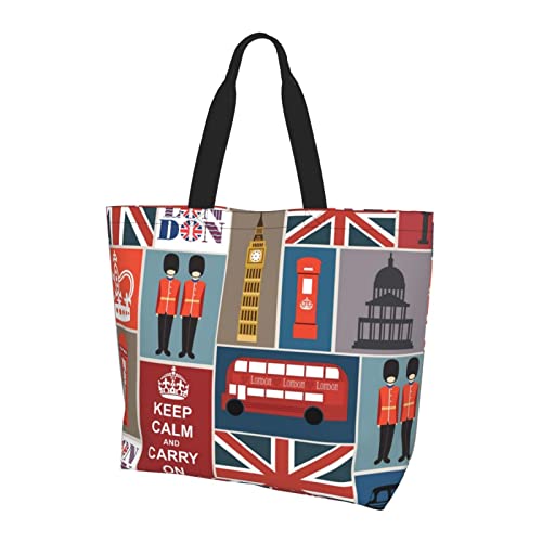 JCAKES Wiederverwendbare Einkaufstasche – England-Symbole, lässige Handtasche für Damen, große Tragetasche und Schultertasche, Strandtasche, Schwarz , Einheitsgröße von JCAKES