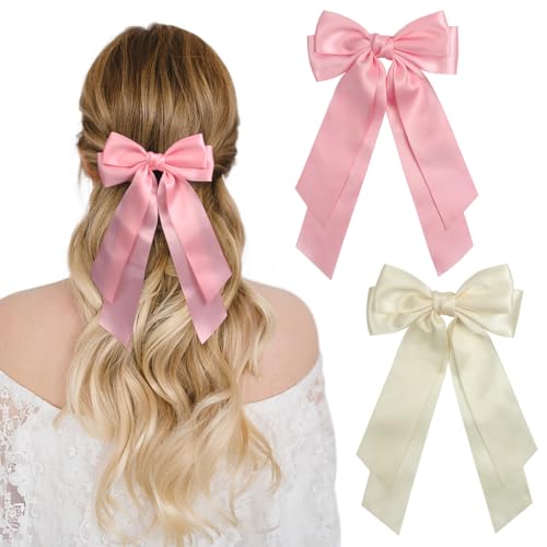 JCF Haarspangen mit großer Schleife, 2 Stück, mit weichem, seidigem Satin, große Schleife, langer Schwanz, einfarbig, französische Haarspangen, Haarschmuck für Mädchen und Damen, Beige und Rosa JCF Haarspangen mit großer Schleife, 2 Stück, mit weichem, seidigem Satin, große Schleife, langer Schwanz, einfarbig, französische Haarspangen, Haarschmuck für Mädchen und Damen, Beige und Rosa von JCF