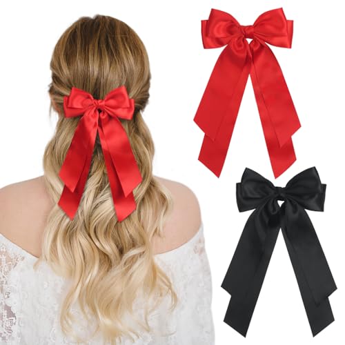 JCF Haarspangen mit großer Schleife, 2 Stück, mit weichem, seidigem Satin, große Schleife, langer Schwanz, einfarbig, französische Haarspangen, Haarschmuck für Mädchen und Frauen, Schwarz und Rot von JCF