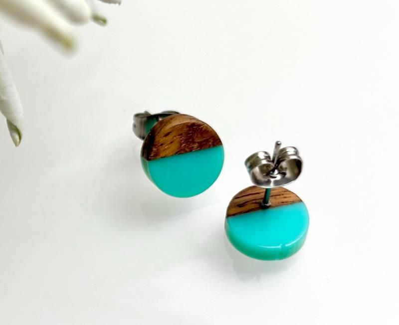 Ohrstecker Aus Epoxidharz/Holz/Edelstahl Unikat Resin Harz Handarbeit Einzelstück Ohrringe Stecker Petrol/Mint Opak von JCFeuerholz