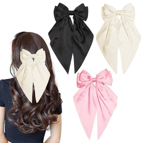 Große Haarschleife für Damen, 3 Stück, schwarze Schleife, Haarspangen, weiße Haarspangen, rosa Haarschmuck, große Schleife, französische Haarspangen mit langem Band, einfarbige Haarspangen Große Haarschleife für Damen, 3 Stück, schwarze Schleife, Haarspangen, weiße Haarspangen, rosa Haarschmuck, große Schleife, französische Haarspangen mit langem Band, einfarbige Haarspangen von JCGJC