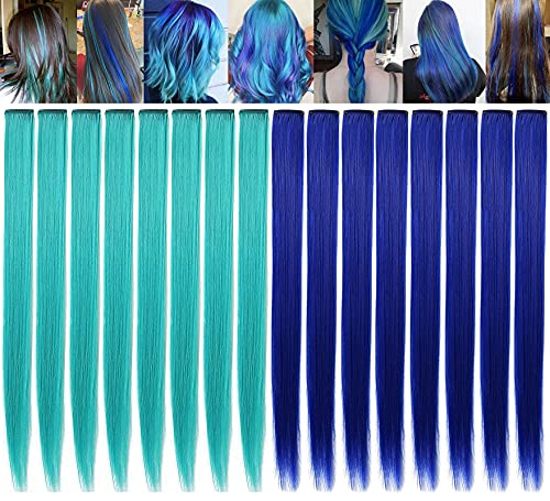 JCHDWSGUO 16 Stück Farbige Haarverlängerungen 21 Zoll Hitzebeständige Synthetische Glatte Haarverlängerungen Clip in Mädchen Damen Holiday Party Hair Highlights (Türkis Blau) von JCHDWSGUO