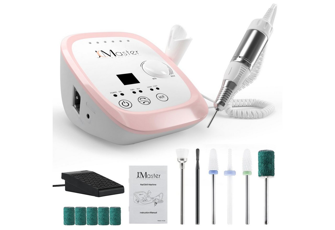 JCMaster Maniküre-Pediküre-Set Nagelfräser Profi 35.000 U/Min, inkl 6x Bits, elektrische Nagelfeile für Gelnägel Acrylnägel, mit Fußpedal von JCMaster