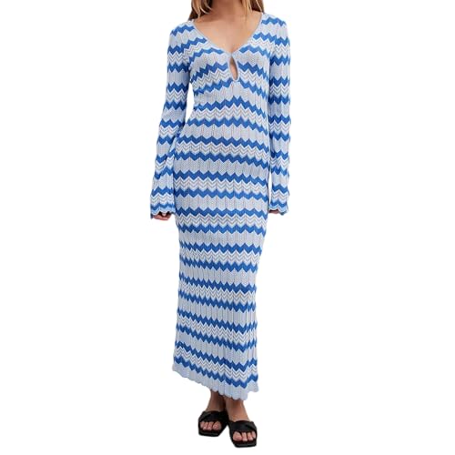 JCMoniDun Damen Langarm quadratischer Ausschnitt V-Ausschnitt Bodycon Maxi Langes Kleid Slim Fit Strick Herbst Cocktail Party Kleider, V-Ausschnitt Blue Wave, Small von JCMoniDun