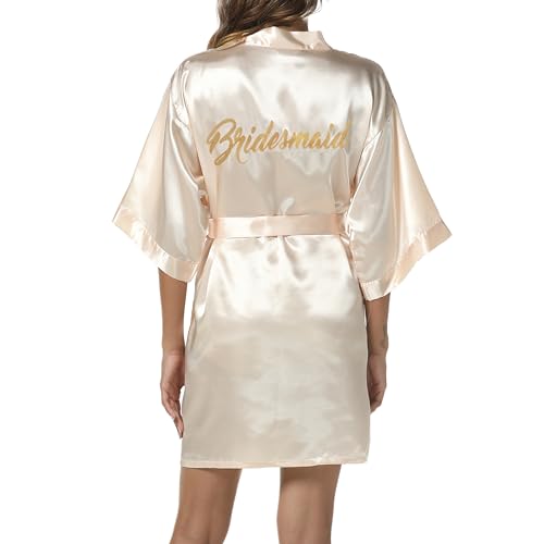 Bride Morgenmantel Damen Kimono Satin Bademantel Leicht Japanisch Hochzeit Bademäntel Pyjama Kurz,Champagner,M von JCQIGOA