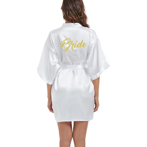 Bride Morgenmantel Damen Kimono Satin Bademantel Leicht Japanisch Hochzeit Bademäntel Pyjama Kurz,Weiß,M von JCQIGOA