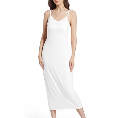 JCQIGOA Unterkleid Damen Lang Unterkleid Weiß mit Träger Sexy Unterröcke Nachthemd Damen Sommer Nachthemd Spaghettiträger Negligee Full Slip Nachtkleid Weiß Schwarz V Ausschnitt, White S von JCQIGOA