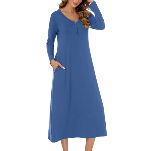 JCQIGOA Nachthemd Damen Lang mit Knopfleiste Sexy Nachtwäsche Stillnachthemd Langarm Baumwolle Oversize Schlafshirt Unterkleid Große Größe Für Frauen Pyjamas Kleid,Blau S JCQIGOA Nachthemd Damen Lang mit Knopfleiste Sexy Nachtwäsche Stillnachthemd Langarm Baumwolle Oversize Schlafshirt Unterkleid Große Größe Für Frauen Pyjamas Kleid,Blau S von JCQIGOA
