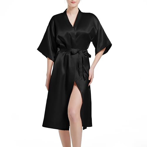 JCQIGOA Satin Kimono Damen Morgenmantel Bride Bademantel Leicht Japanisch Hochzeit Bademäntel Pyjama Kurz, Schwarz,L von JCQIGOA