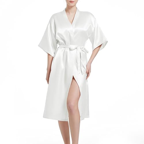 JCQIGOA Satin Kimono Damen Morgenmantel Bride Bademantel Leicht Japanisch Hochzeit Bademäntel Pyjama Kurz, Weiß,L von JCQIGOA