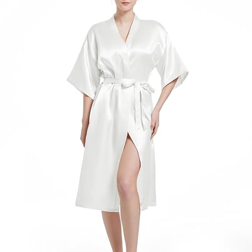 JCQIGOA Satin Kimono Damen Morgenmantel Bride Bademantel Leicht Japanisch Hochzeit Bademäntel Pyjama Kurz, Weiß,M von JCQIGOA