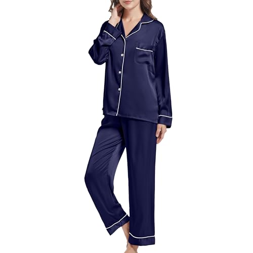 JCQIGOA Satin Schlafanzug Damen Langarm Pyjama Damen Lange Silk Set Zweiteiler Loungewear Lang Nachtwäsche Schlafshirt，Blue M von JCQIGOA