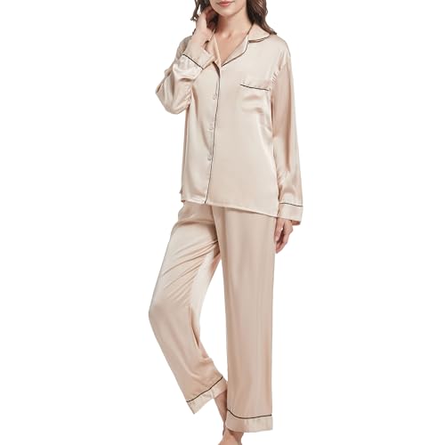 JCQIGOA Satin Schlafanzug Damen Langarm Pyjama Damen Lange Silk Set Zweiteiler Loungewear Lang Nachtwäsche Schlafshirt，Champagne S von JCQIGOA