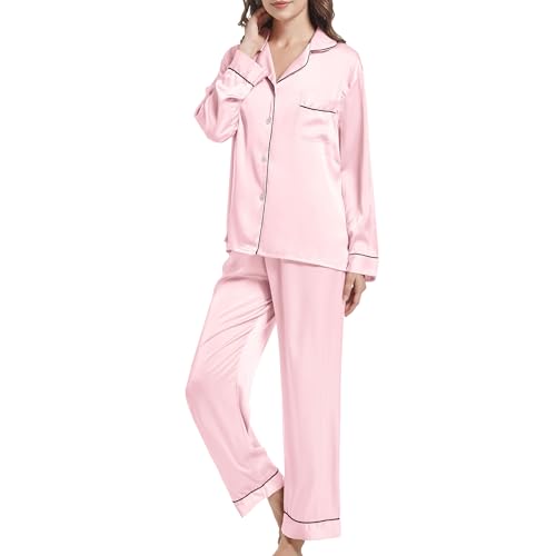 JCQIGOA Satin Schlafanzug Damen Langarm Pyjama Damen Lange Silk Set Zweiteiler Loungewear Lang Nachtwäsche Schlafshirt，Pink S von JCQIGOA