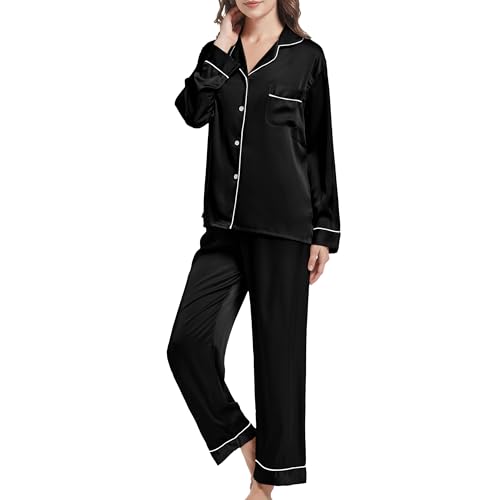 JCQIGOA Satin Schlafanzug Damen Langarm Pyjama Damen Lange Silk Set Zweiteiler Loungewear Lang Nachtwäsche Schlafshirt，Schwarz XL von JCQIGOA