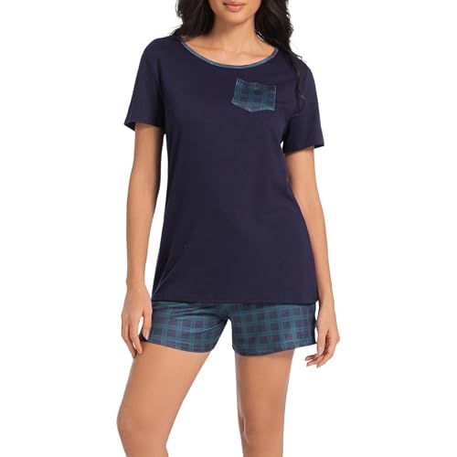 JCQIGOA Schlafanzug Damen Kurz Pyjama Damen Sommer Zweiteiler Baumwolle Set Schlafshirt Kurzarm Shorty，Blue M von JCQIGOA