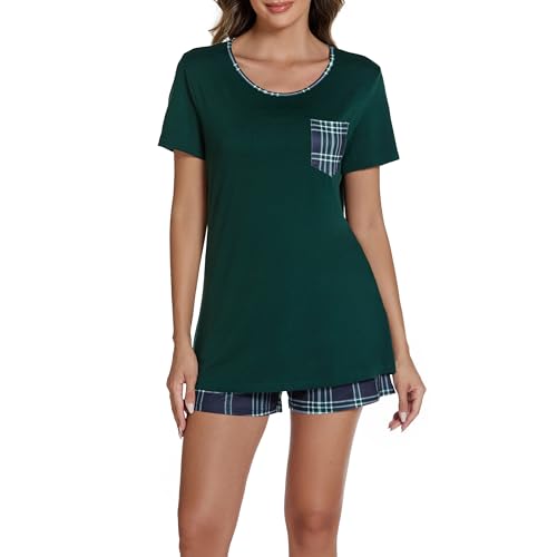 JCQIGOA Schlafanzug Damen Kurz Pyjama Damen Sommer Zweiteiler Baumwolle Set Schlafshirt Kurzarm Shorty，Grun XXL von JCQIGOA