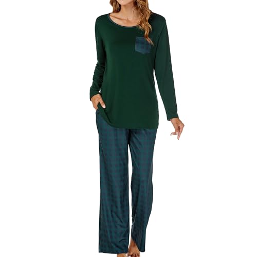 JCQIGOA Schlafanzug Damen Langarm Pyjama Damen Lange Set Zweiteiler Loungewear Lang NachtwäSche Schlafshirt，Grun XL von JCQIGOA