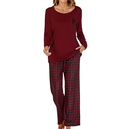 JCQIGOA Schlafanzug Damen Langarm Pyjama Damen Lange Set Zweiteiler Loungewear Lang NachtwäSche Schlafshirt，Rot XL von JCQIGOA