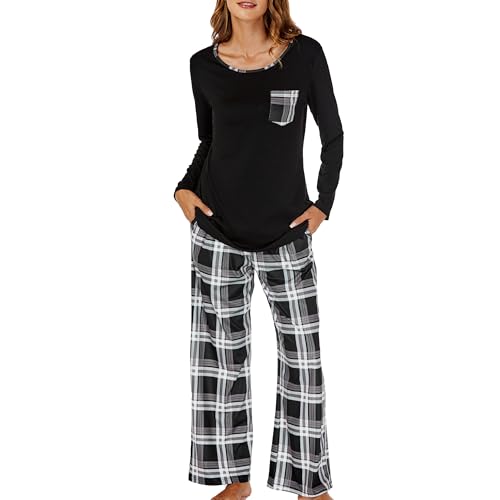 JCQIGOA Schlafanzug Damen Langarm Pyjama Damen Lange Set Zweiteiler Loungewear Lang NachtwäSche Schlafshirt，Schwarz XXL von JCQIGOA