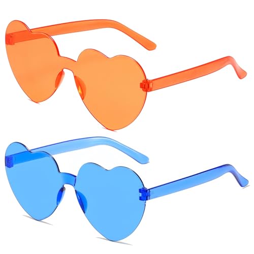 JCTAIFOO 2 Paare Herz Sonnenbrille für Damen Transparente randlose Süßigkeiten Farbe Brille Nette Mädchen Herz-Form Sonnenbrille Orange+Hellblau von JCTAIFOO