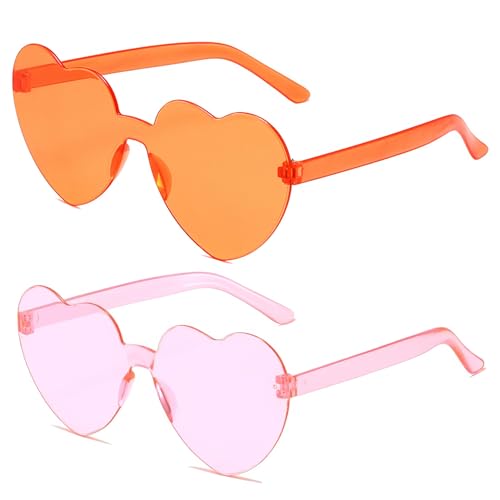 JCTAIFOO 2 Paare Herz Sonnenbrille für Damen Transparente randlose Süßigkeiten Farbe Brille Nette Mädchen Herz-Form Sonnenbrille Rosa+Orange von JCTAIFOO