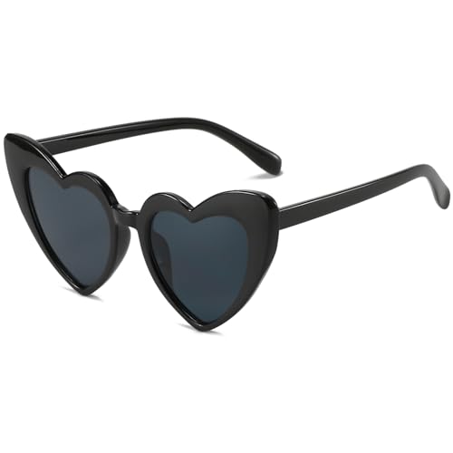 JCTAIFOO Liebe Herz geformte Sonnenbrille für Damen Vintage Cat Eye Retro Nette Mod Stil Hippie Party Brille (Schwarz/Grau) von JCTAIFOO