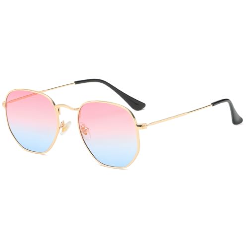 JCTAIFOO Mode Polygon Sonnenbrille für Herren und Damen Leichter Sechseckiger Metallrahmen UV400 Schutz Brille Gold/Blau-rosa Gradient von JCTAIFOO