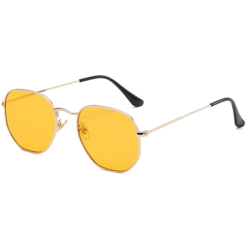 JCTAIFOO Mode Polygon Sonnenbrille für Herren und Damen Leichter Sechseckiger Metallrahmen UV400 Schutz Brille Gold/Orange von JCTAIFOO