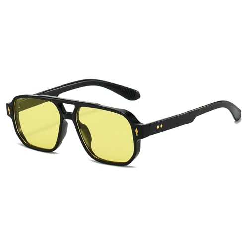 JCTAIFOO Mode Quadratisch Sonnenbrille, Vintage Retro Rechteck Sonnenbrille für Damen Herren, Trendige UV400 Brille (Schwarz/Gelb) von JCTAIFOO
