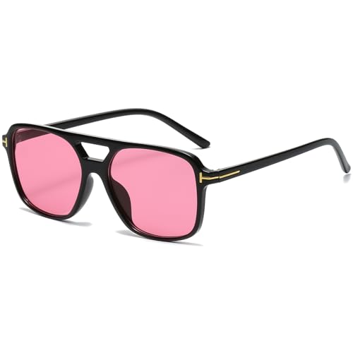 JCTAIFOO Mode Rechteckige Sonnenbrille Herren Damen, Vintage 70er Quadratisch Brille, Retro Oval Sonnenbrille Schwarz/Rosa von JCTAIFOO