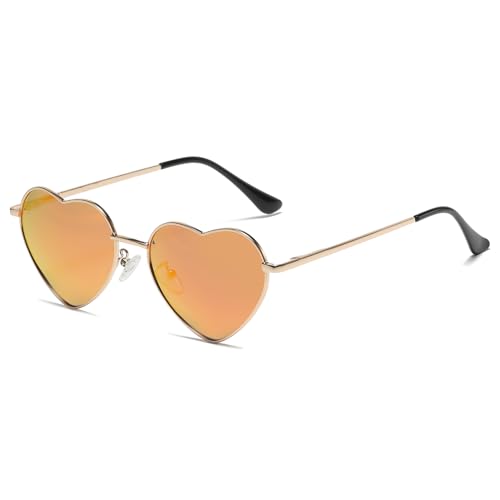 JCTAIFOO Polarisierte Herz Sonnenbrille für Damen Vintage Mode Liebe Form Gold Metallrahmen Nette Party Festival Brille Gold/Rot reflektierend von JCTAIFOO