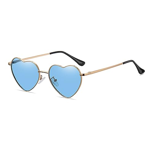 JCTAIFOO Polarisierte Herz Sonnenbrille für Damen Vintage Mode Liebe Form Gold Metallrahmen Nette Party Festival Brille Gold/Blau von JCTAIFOO