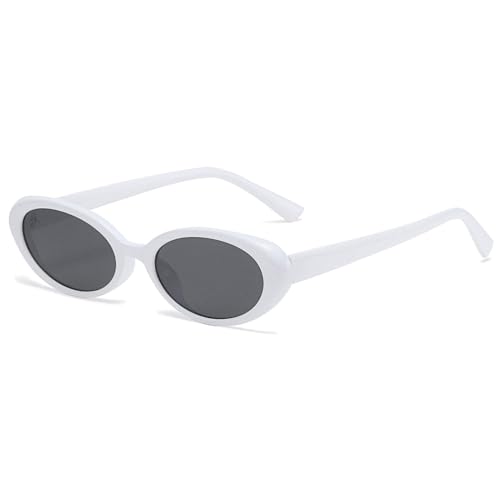 JCTAIFOO Retro Ovale Sonnenbrille für Herren Damen Kleine Runde 90er Jahre Vintage Schatten Mode Cat Eye Brille Weiß/Grau von JCTAIFOO
