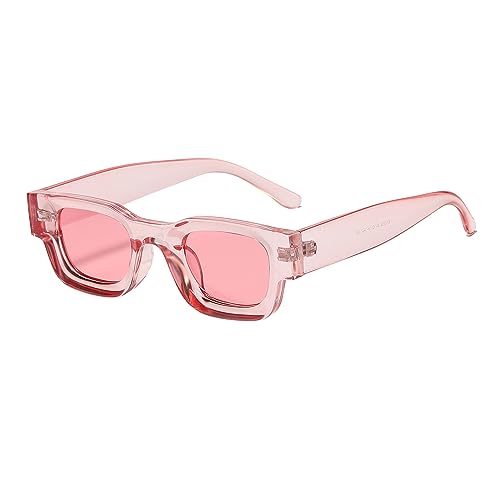 JCTAIFOO Retro Polarisierte Rechteck Sonnenbrille Damen Herren Vintage Rechteckig Kleine Quadratische Chunky Brille UV400 Schutz Transparent Rosa/Rosa von JCTAIFOO