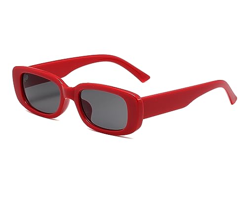 JCTAIFOO Retro Rechteck Sonnenbrille für Damen Herren Vintage Mode Rechteckig Schmale Quadratische Brille UV400 Schutz Rot/Grau von JCTAIFOO