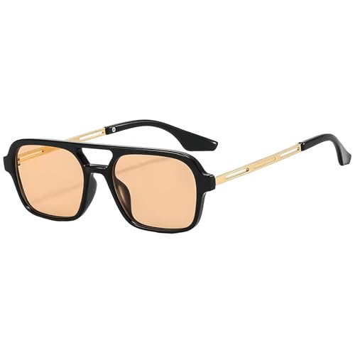 JCTAIFOO Vintage 70s Quadratische flache Piloten-Sonnenbrille für Herren Damen Trendy Retro Rectangle Small Shades Cool Niedliche Mode Brille Schwarz-Gold/Champagner von JCTAIFOO