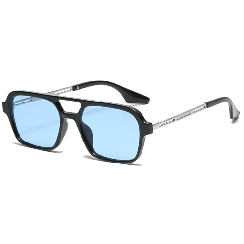 JCTAIFOO Vintage 70s Quadratische flache Piloten-Sonnenbrille für Herren Damen Trendy Retro Rectangle Small Shades Cool Niedliche Mode Brille Schwarz-Silber/Blau von JCTAIFOO