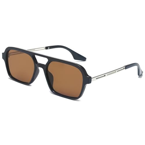 JCTAIFOO Vintage 70s Quadratische flache Piloten-Sonnenbrille für Herren Damen Trendy Retro Rectangle Small Shades Cool Niedliche Mode Brille Schwarz-Silber/Braun von JCTAIFOO