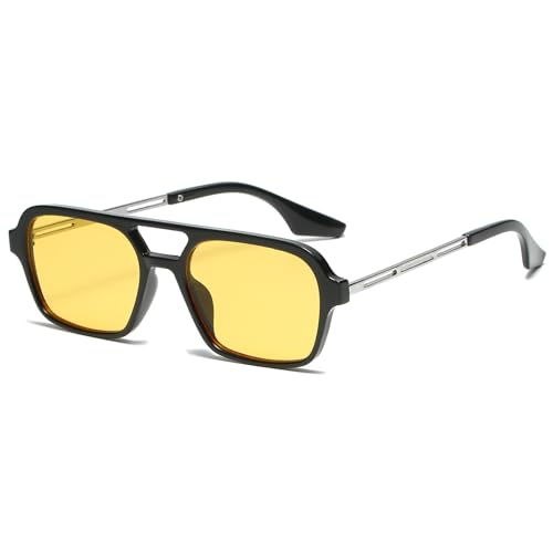 JCTAIFOO Vintage 70s Quadratische flache Piloten-Sonnenbrille für Herren Damen Trendy Retro Rectangle Small Shades Cool Niedliche Mode Brille Schwarz-Silber/Gelb von JCTAIFOO
