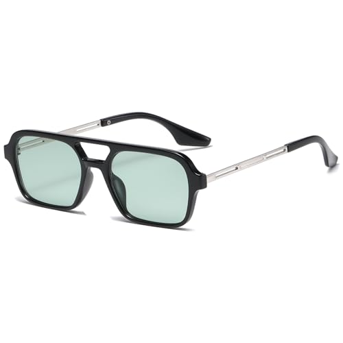 JCTAIFOO Vintage 70s Quadratische flache Piloten-Sonnenbrille für Herren Damen Trendy Retro Rectangle Small Shades Cool Niedliche Mode Brille Schwarz-Silber/Grün von JCTAIFOO